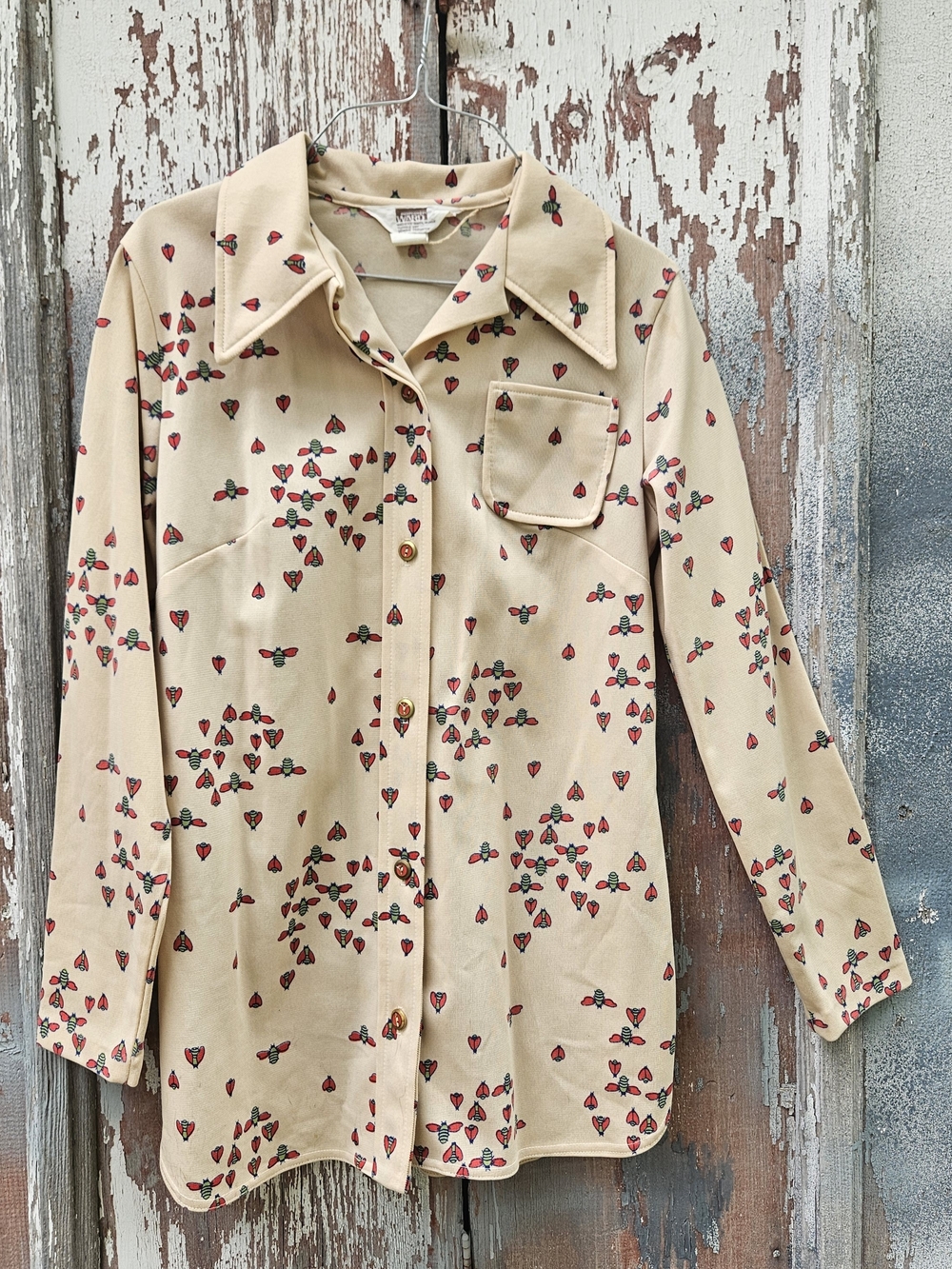 Vintage 1970's Beige Button-Down Shirt with Red Bees Motif